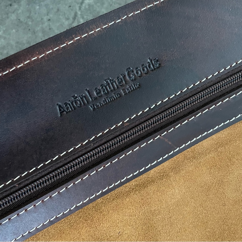 Aaron Leather Goods Brown Leather Knife Roll, 10 Slots, Zippered Pocket - Picture 6 of 7